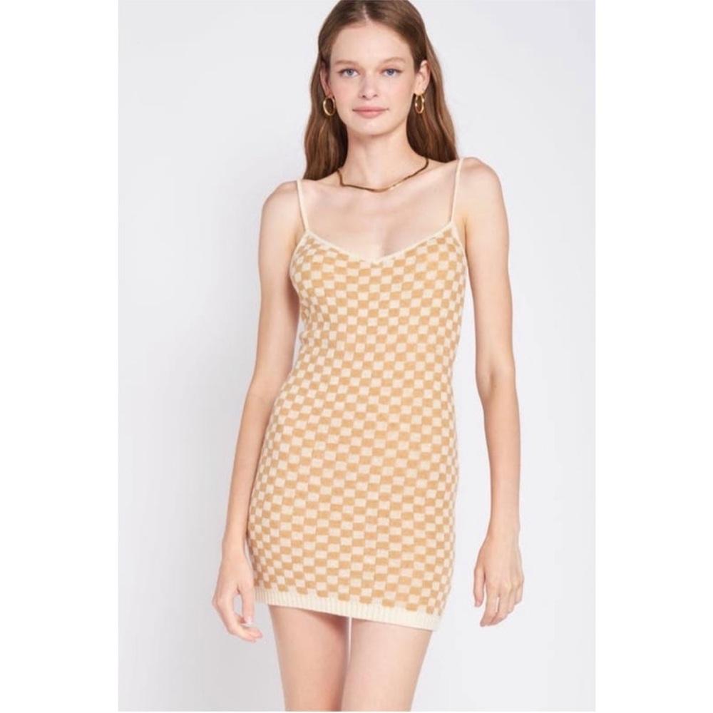 Emory Park Yara Checkered Knit Mini Dress in Custard Combo NWT